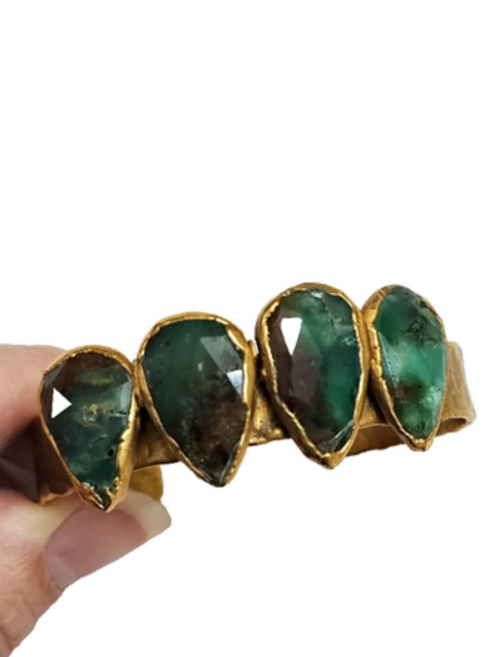 Hammered Cuff Bracelet Gold-Tone Bezel-Set Green Stones Jasper Moss Agate